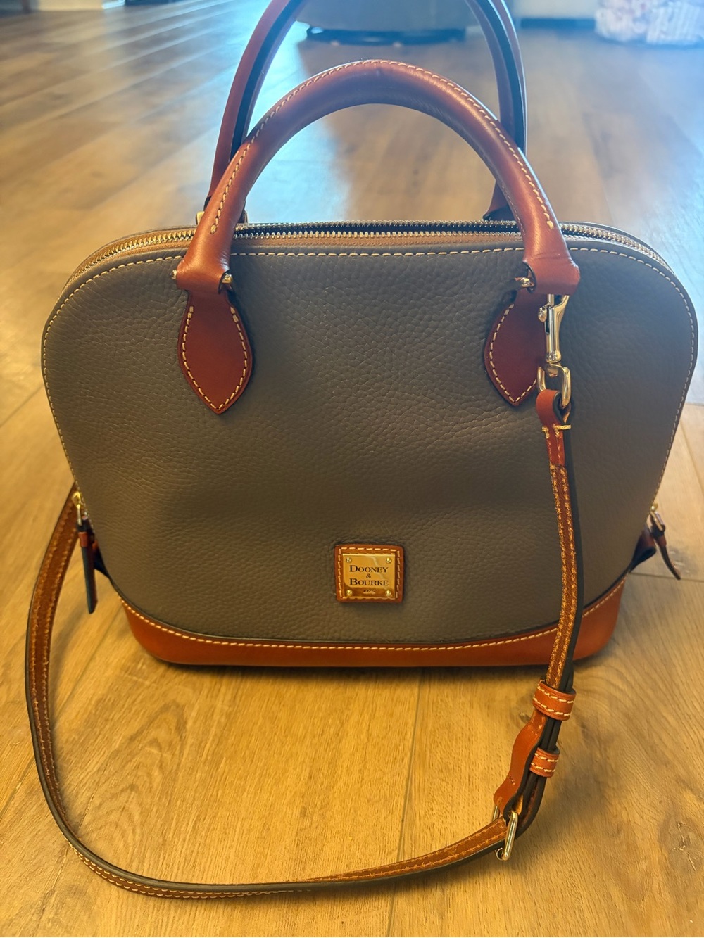 Dooney & Bourke Gray and Brown Leather Dome Satchel with Shoulder Strap